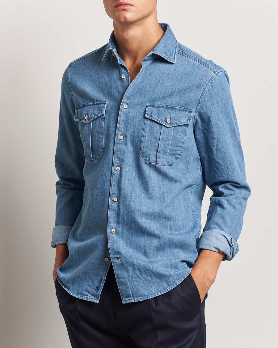 Men |  | Stenströms | Slimline Double Pocket Denim Shirt Blue