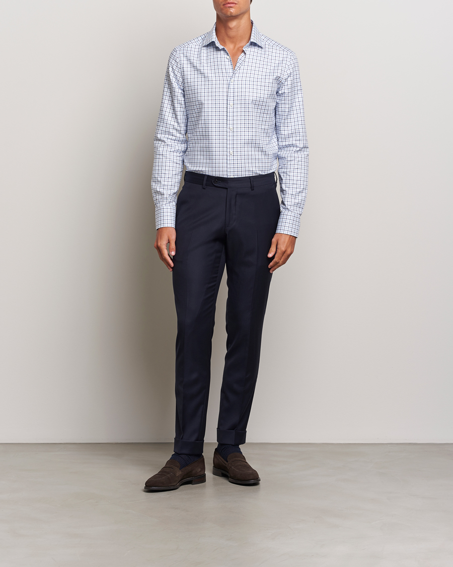 Men |  | Stenströms | Slimline Small Checked Cut Away Shirt Blue