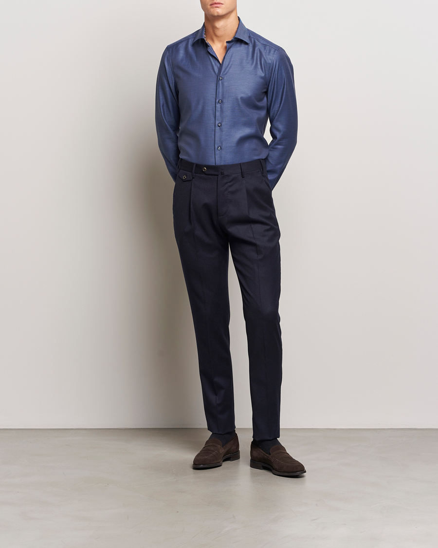 Men | Dark Suit | Stenströms | Slimline Twill Contrast Cut Away Shirt Navy