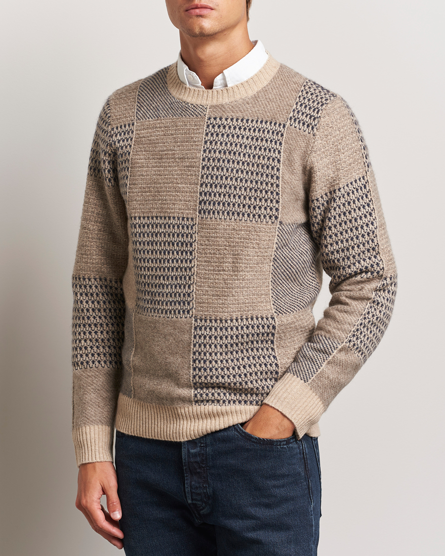 Men |  | Stenströms | Patchwork Knitted Yak/Merino Crew Neck Brown