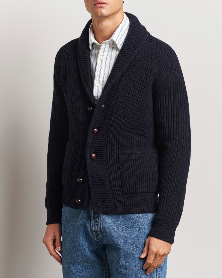 Men |  | Drake\'s | Lambswool 6-Ply Shawl Collar Cardigan Navy