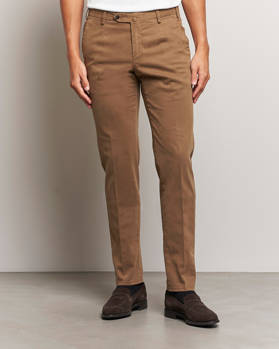 Men |  | PT01 | Slim Fit Pleated Cotton Trousers Brown