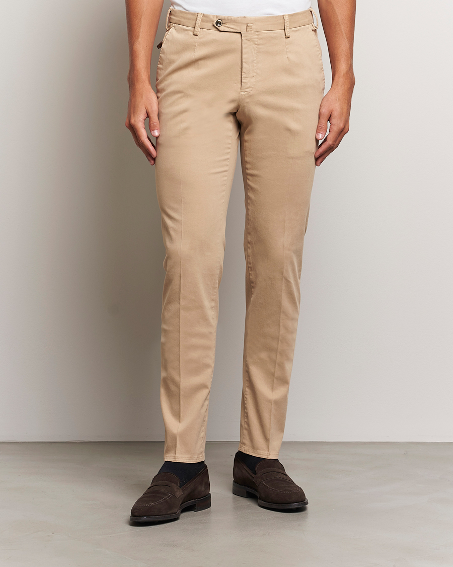 Men |  | PT01 | Slim Fit Pleated Cotton Trousers Beige