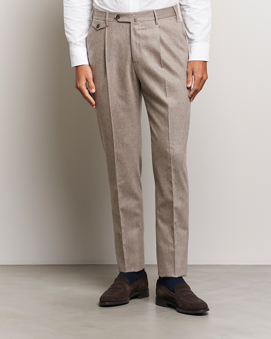 Men | Flannel Trousers | PT01 | Slim Fit Pleated Wool/Cashmere Trousers Beige