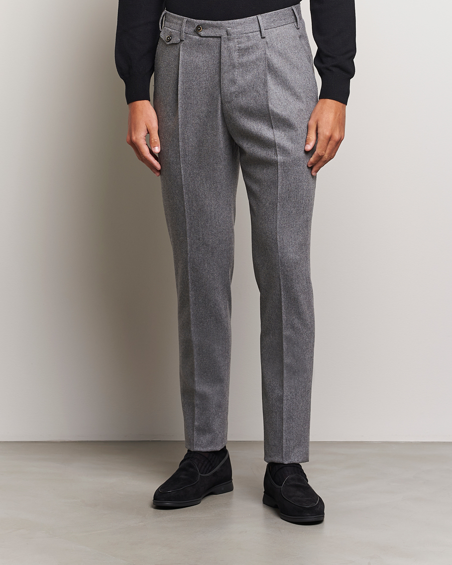 Men | Flannel Trousers | PT01 | Slim Fit Pleated Wool/Cashmere Trousers Grey Melange