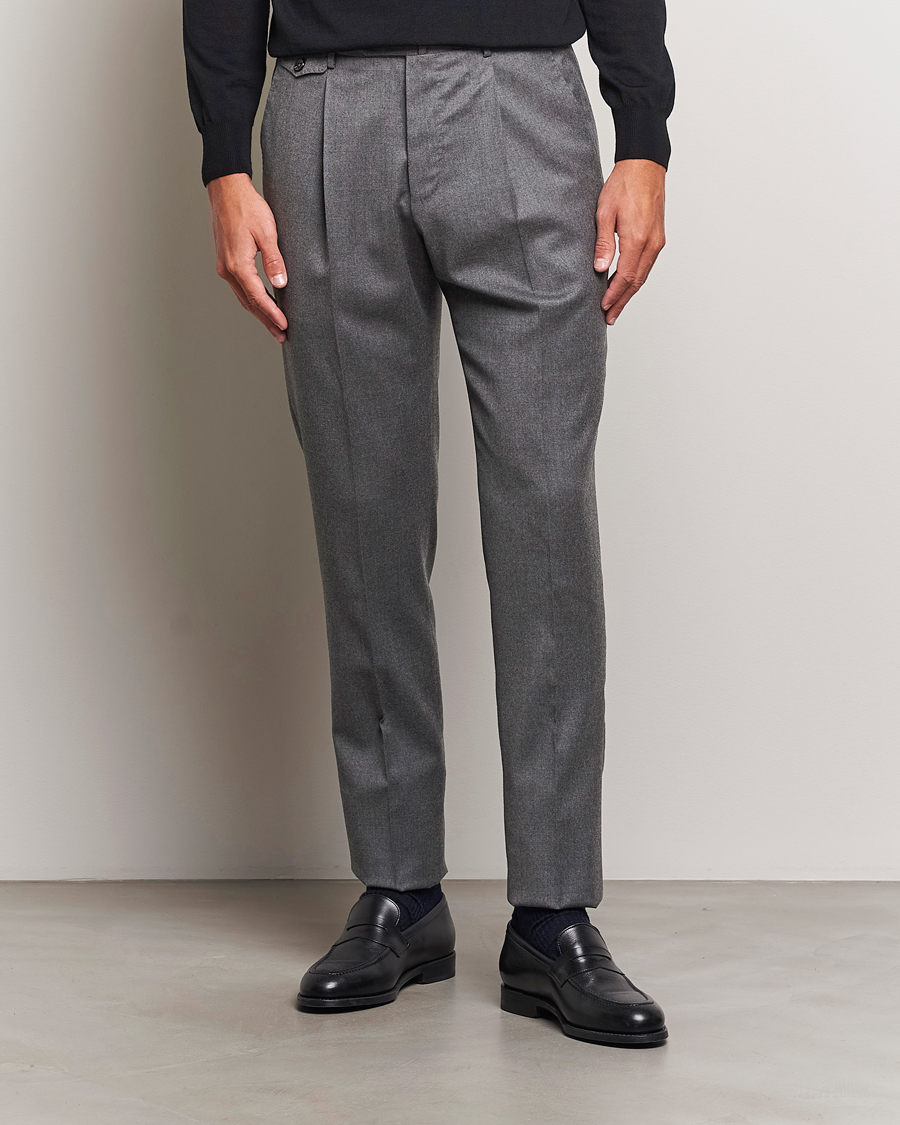 Men |  | PT01 | Slim Fit Pleated Flannel Trousers Grey Melange