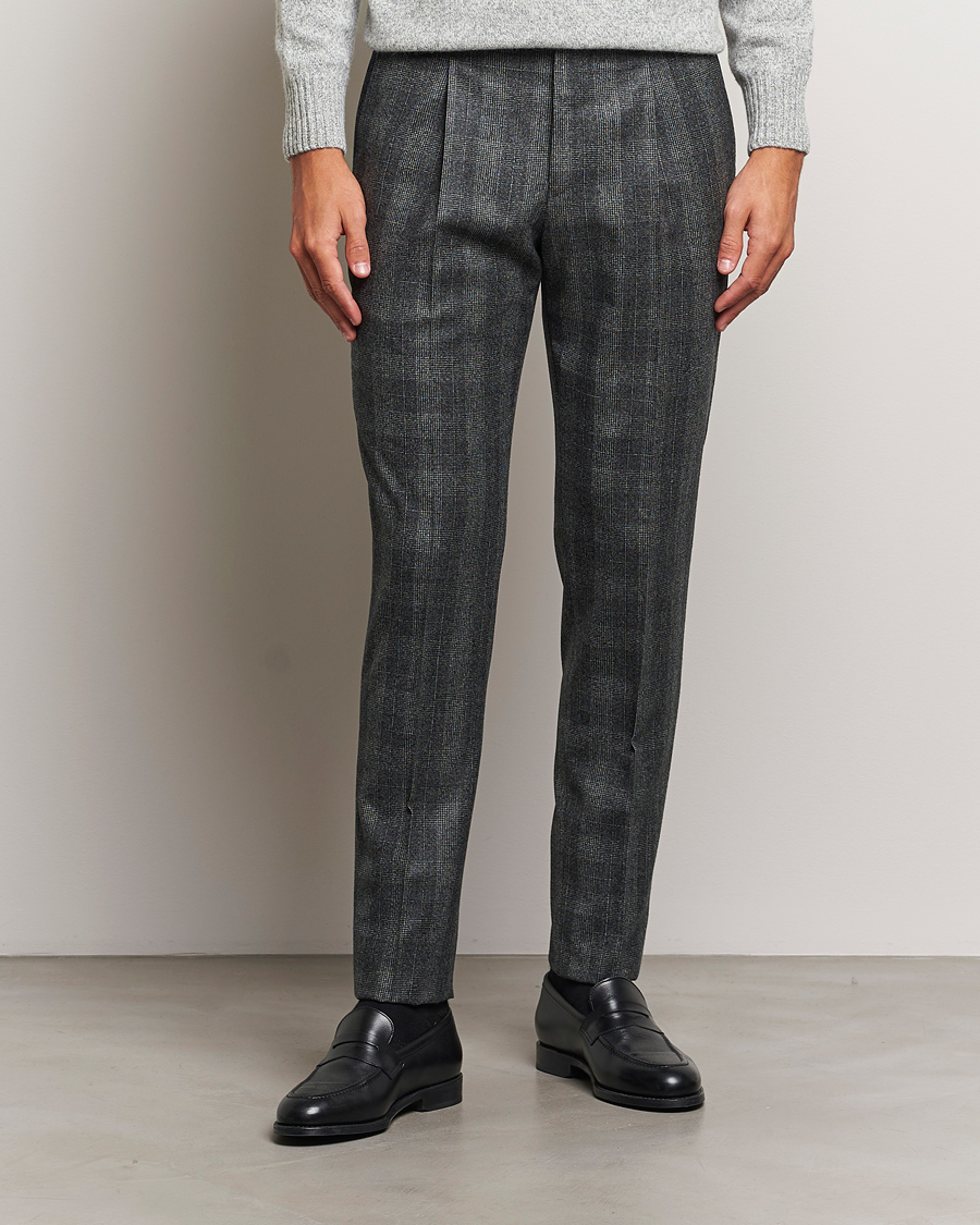 Men |  | PT01 | Slim Fit Pleated Checked Flannel Trousers Grey