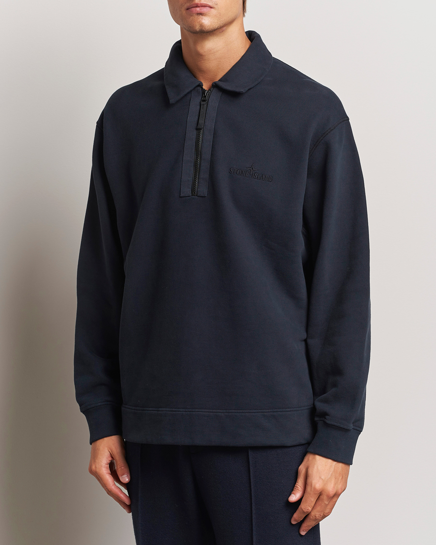 Men |  | Stone Island | Garment Dyed Fleece Zip Polo Navy Blue