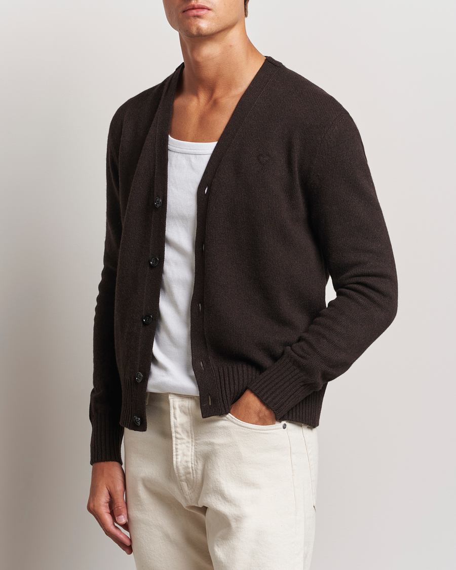 Men |  | AMI | Tonal Heart Logo Wool Cardigan Dark Coffee