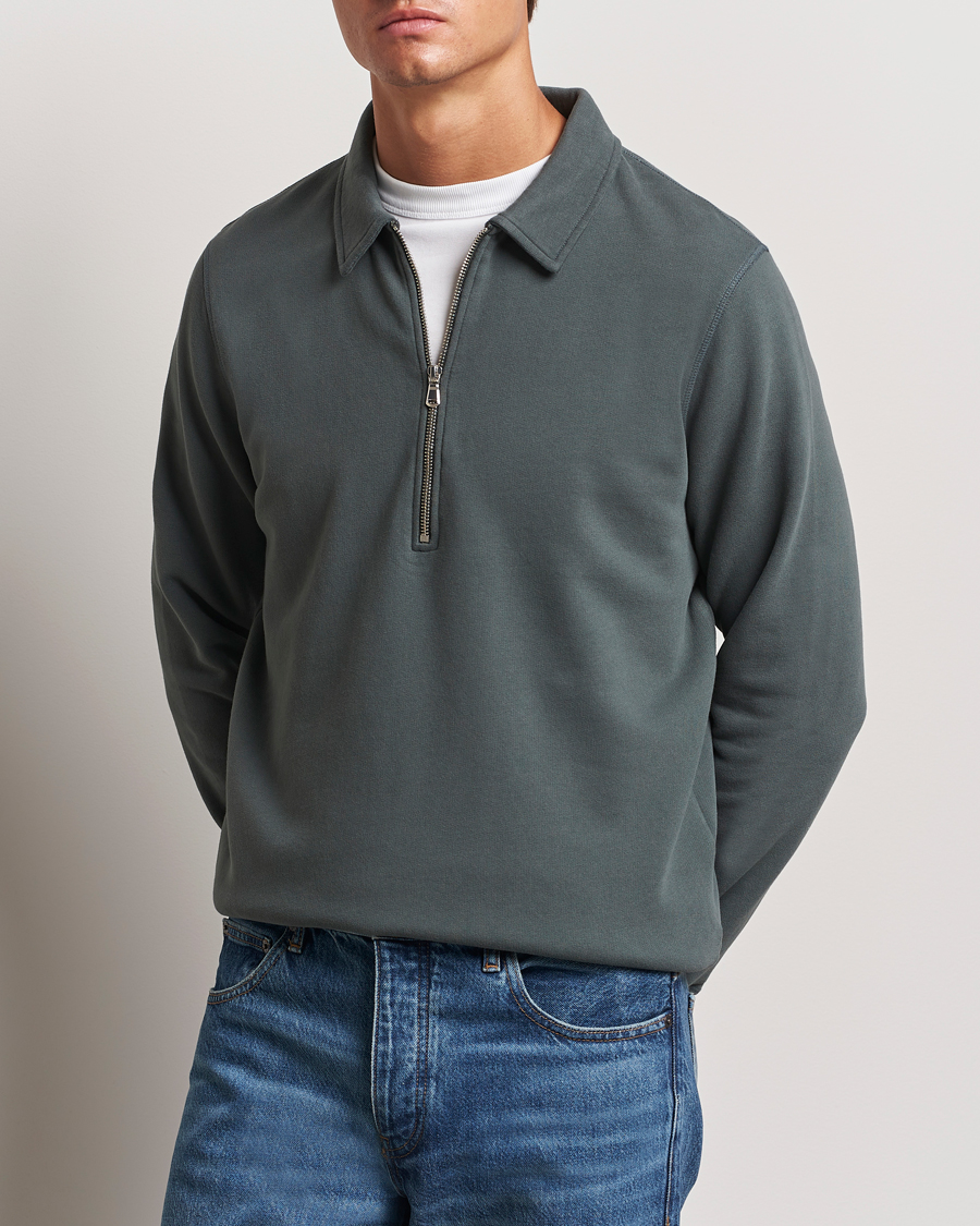 Men |  | Sunspel | Zip Loopback Sweatshirt Polo Drill Green