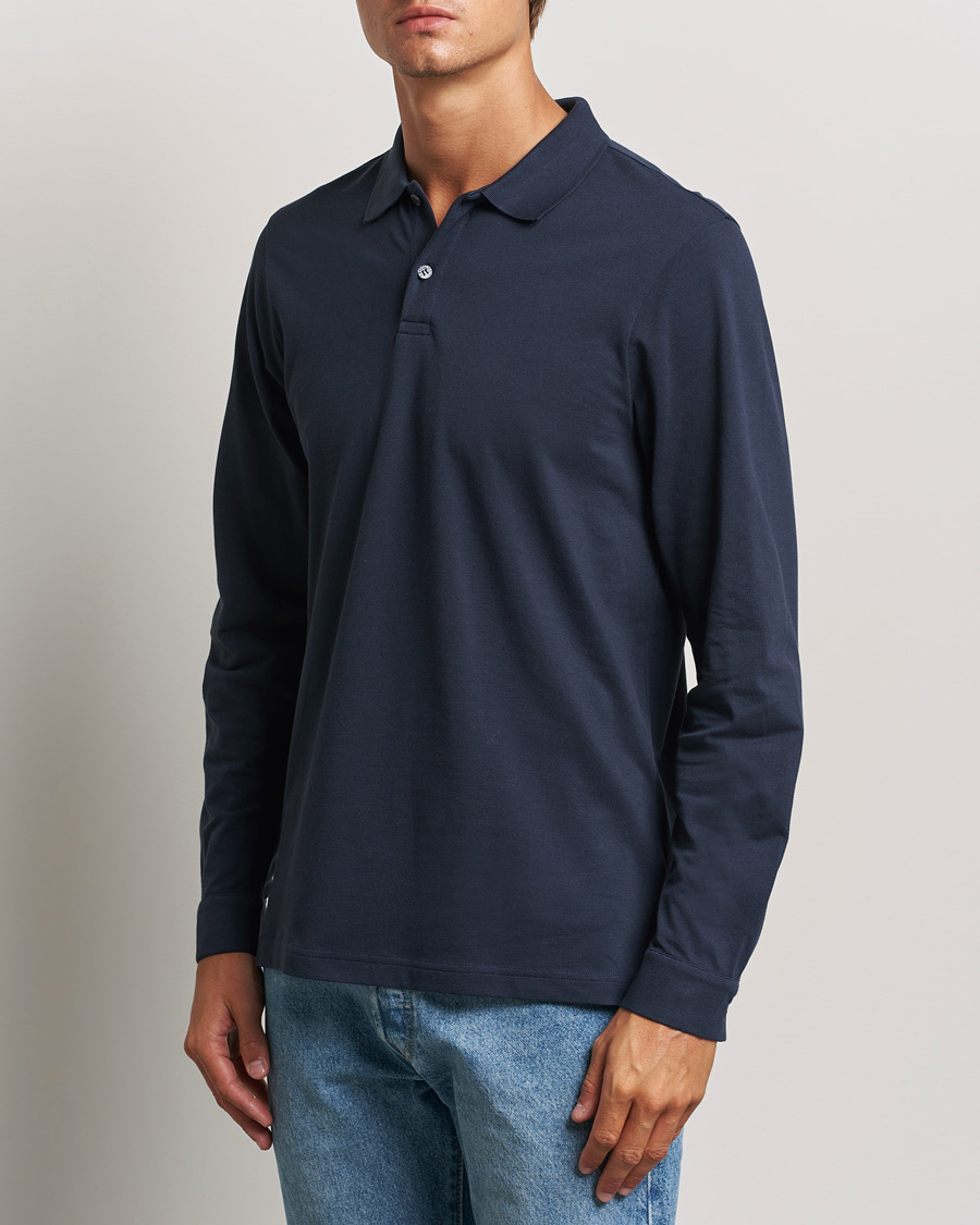 Men |  | Sunspel | Long Sleeve Pique Poloshirt Navy