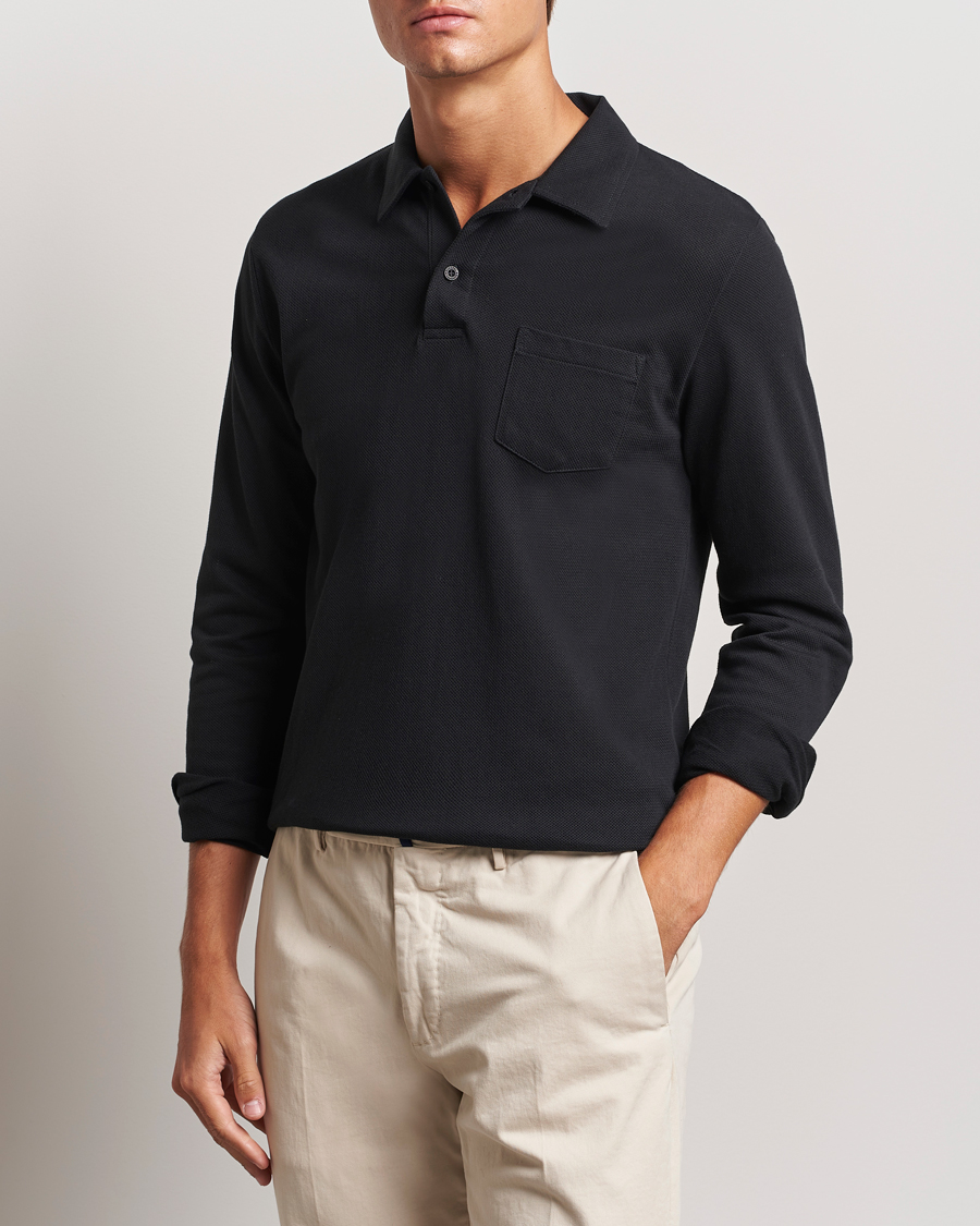 Men | Polo Shirts | Sunspel | Riviera Long Sleeve Polo Black