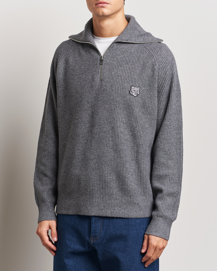 Men |  | Maison Kitsuné | Bold Fox Rib Knitted Half Zip Medium Grey Melange