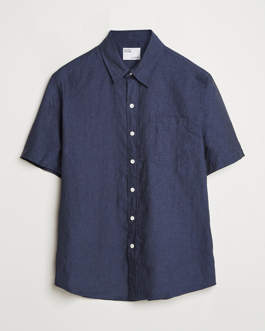Men | Shirts | Colorful Standard | Garment Dyed Linen Short Sleeve Shirt Navy Blue