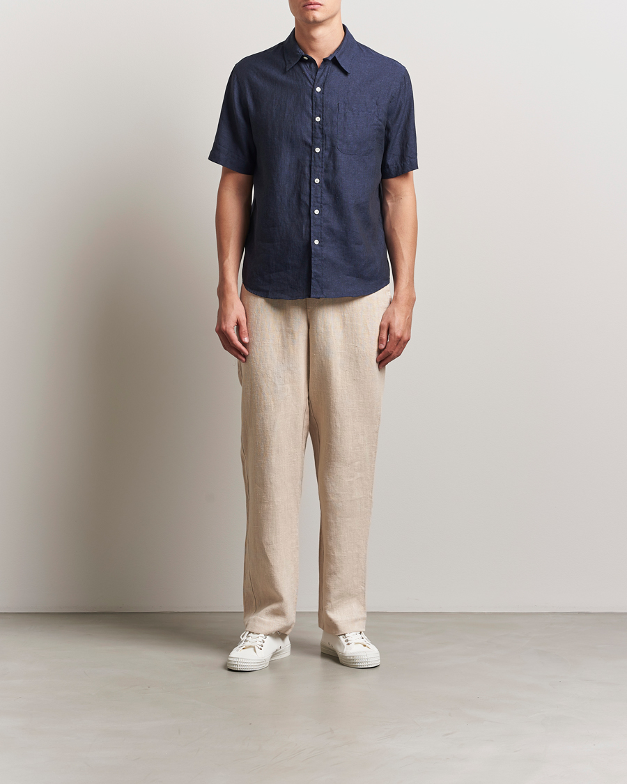 Men | Shirts | Colorful Standard | Garment Dyed Linen Short Sleeve Shirt Navy Blue