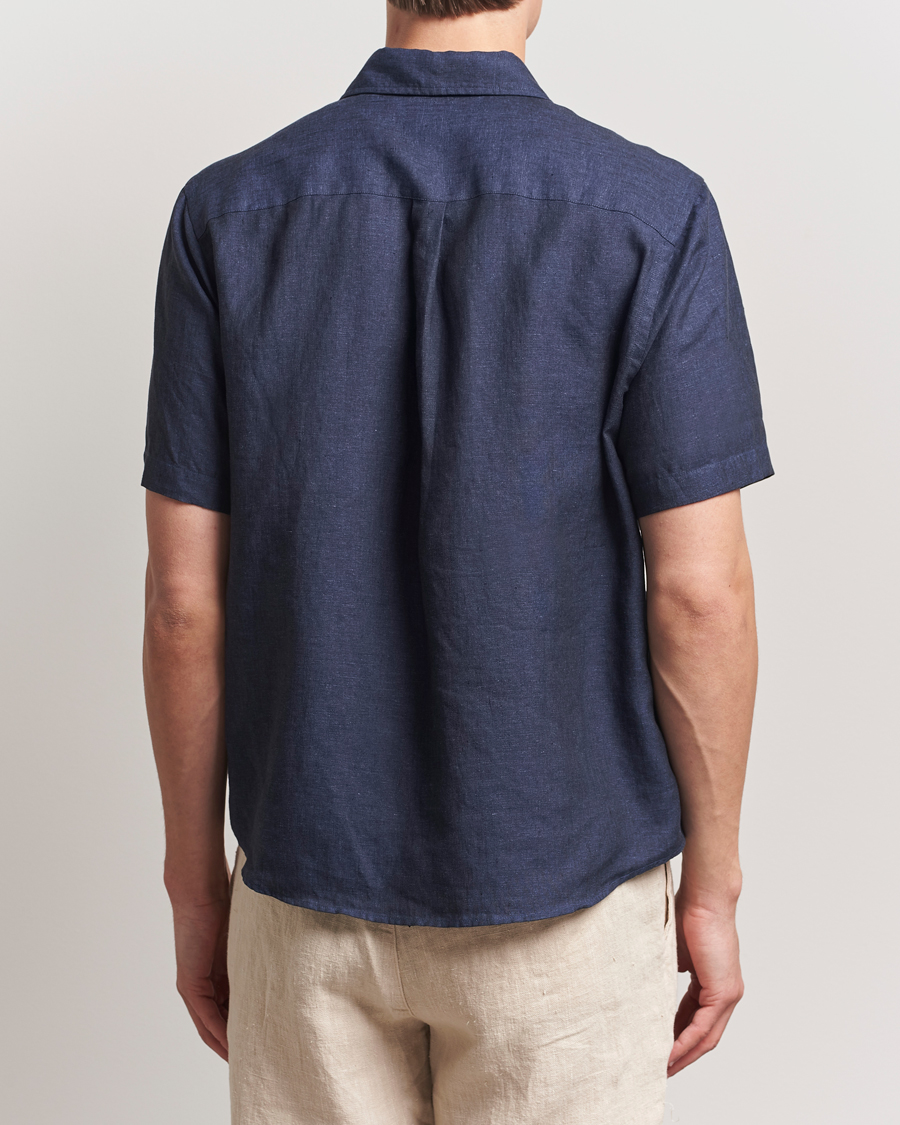 Men | Shirts | Colorful Standard | Garment Dyed Linen Short Sleeve Shirt Navy Blue