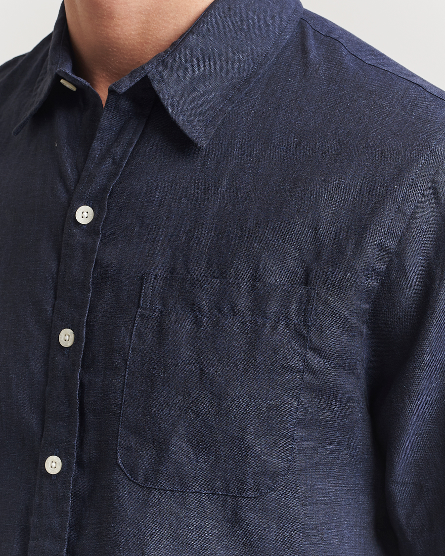 Men | Shirts | Colorful Standard | Garment Dyed Linen Short Sleeve Shirt Navy Blue