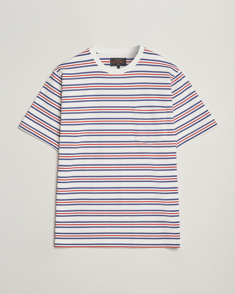 Men | T-Shirts | BEAMS PLUS | Short Sleeve T-Shirt Blue/Red Stripe