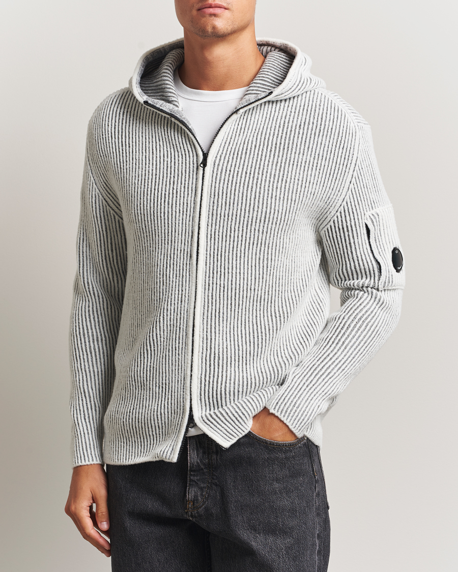 Men | Sweaters & Knitwear | C.P. Company | Knitted Full Zip Hood White/Grey