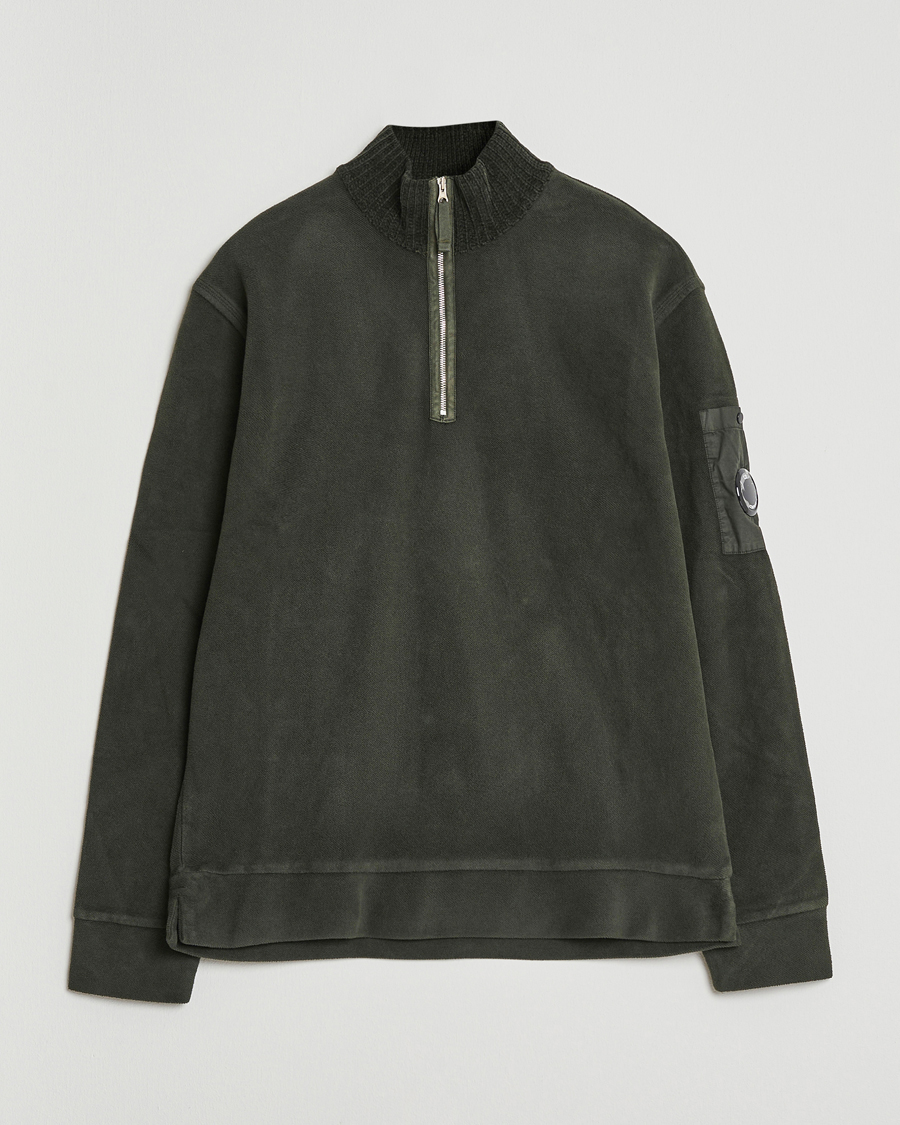 Men | Sweaters & Knitwear | C.P. Company | Brushed Emerized Diagonal Fleece Half Zip Dark Green