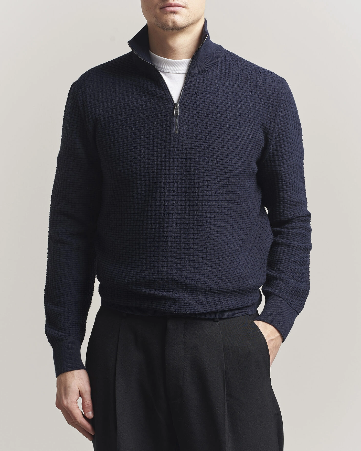 Men | Sweaters & Knitwear | BOSS BLACK | Ulicio Structured Knitted Half Zip Dark Blue