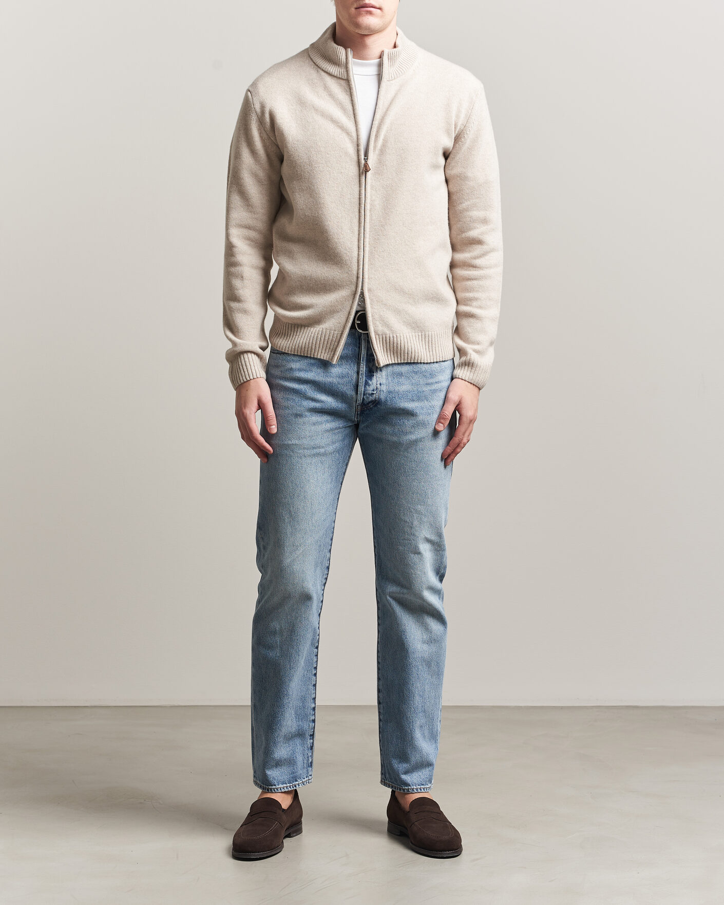 Men | Sweaters & Knitwear | Stenströms | Brushed Merino Full Zip Beige