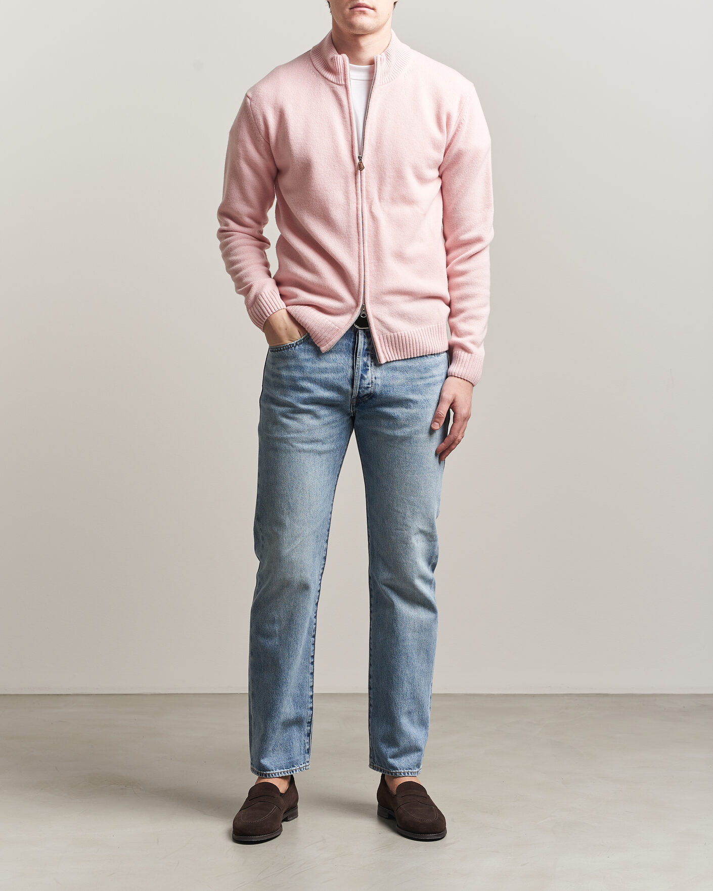 Men | Sweaters & Knitwear | Stenströms | Brushed Merino Full Zip Pink